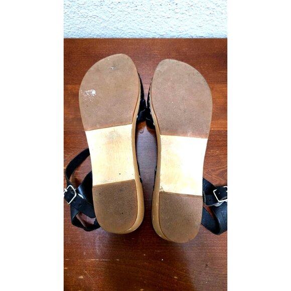 Swedish Hasbeens Women's Black Leather Peep-Toe Sandals Wooden Platform & Ankle - Picture 8 of 13